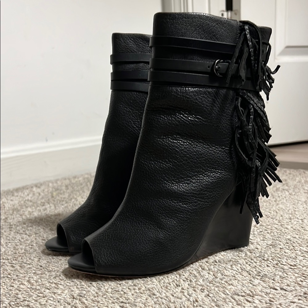 Black Peep-Toe Wedge Ankle Boots